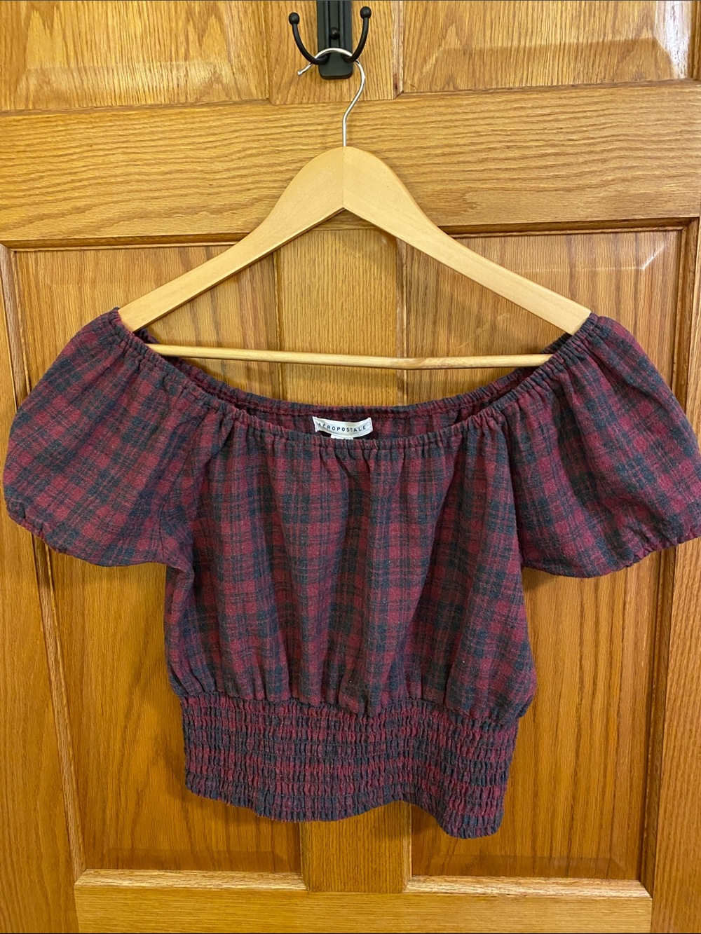 Aeropostale Red and Black Plaid Off-Shoulder Crop Top Country Western Size S